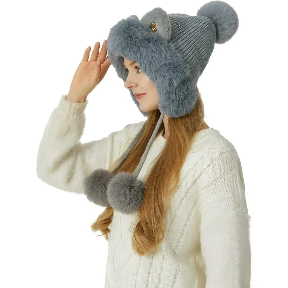 Women Grey Solid Winter Peruvian Cover Ears Beanie Hat Ear Flaps Sherpa Snow
